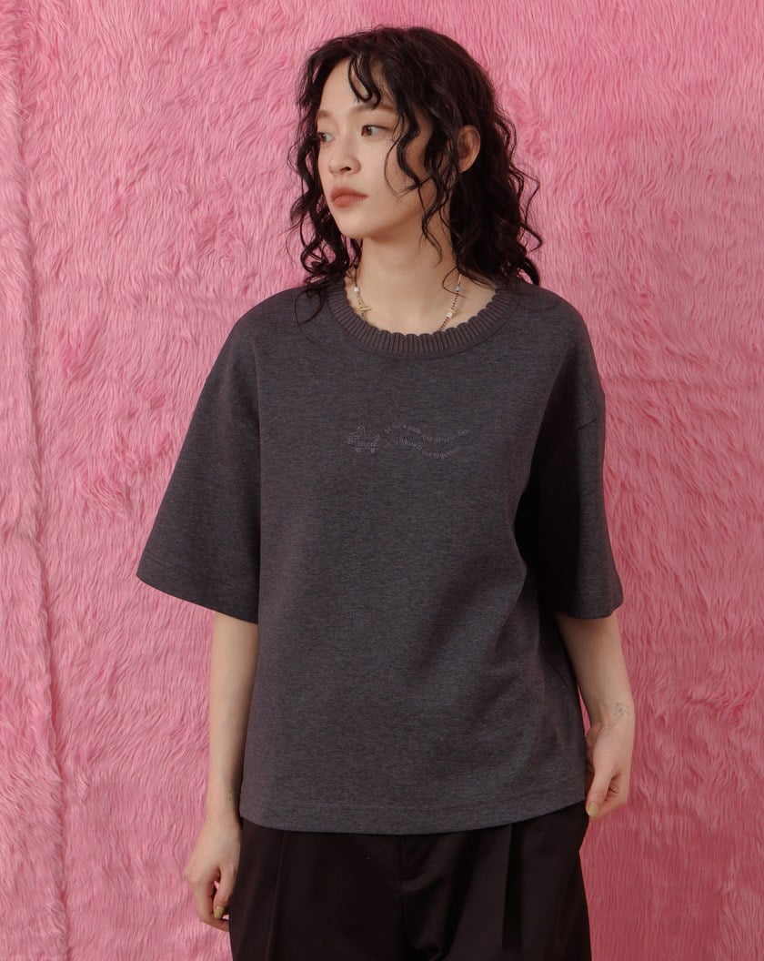 悠閒散步花邊領繡花T恤(兩色)