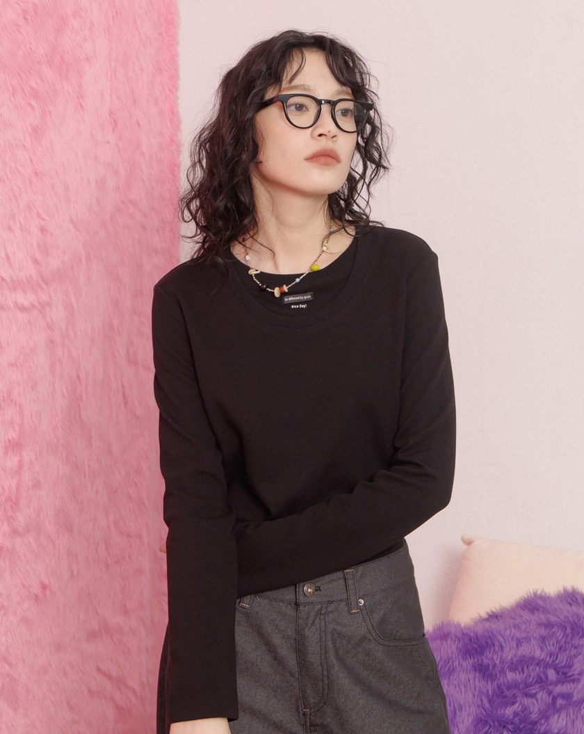 Nice Day!假兩件領合肩長袖T恤(兩色)