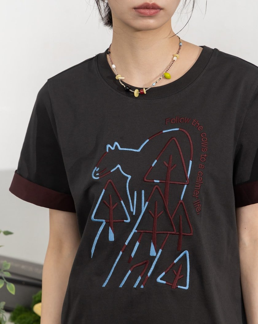 雙色線條反褶袖涼感T恤(兩色)