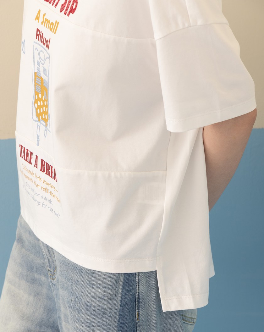 珍奶補給繡花剪接涼感T恤(兩色)