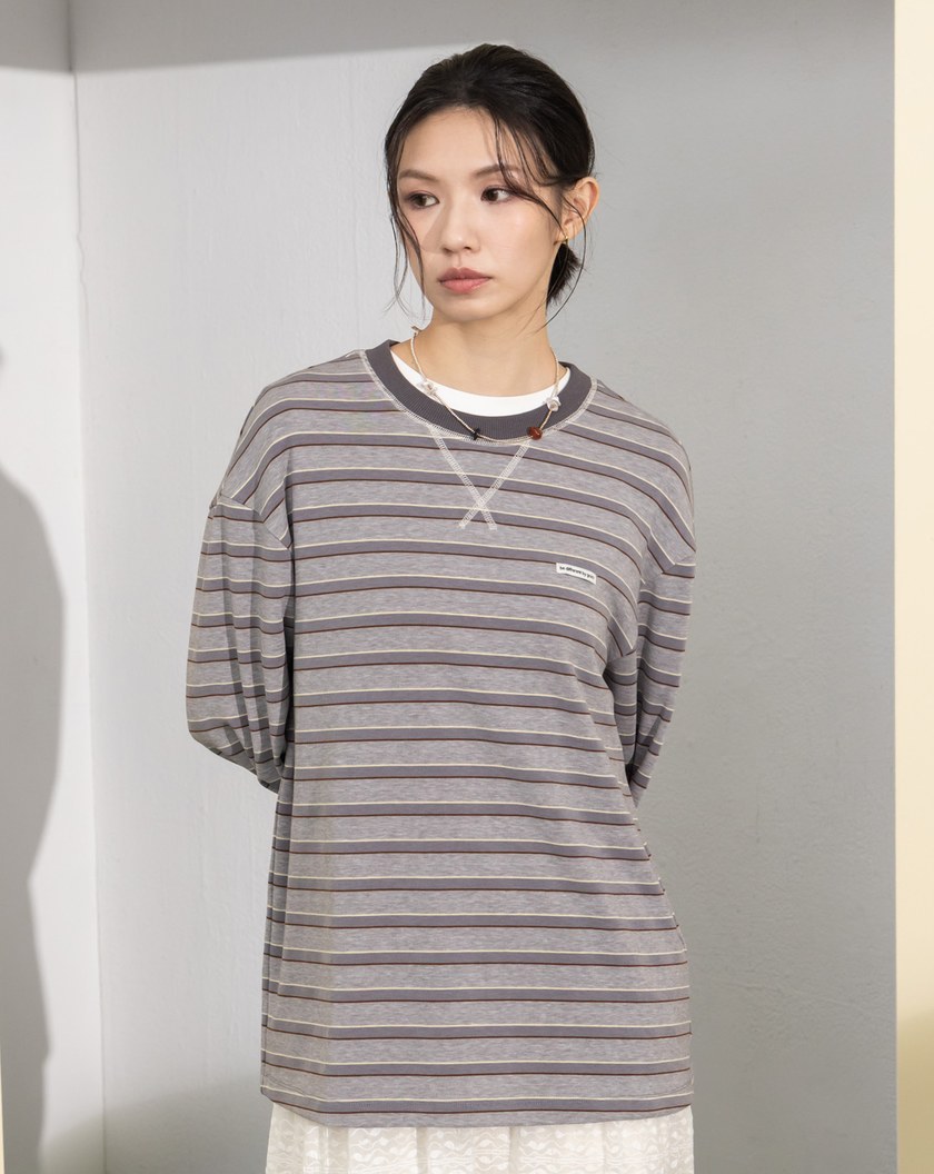 天絲條紋落肩長袖T恤(兩色)
