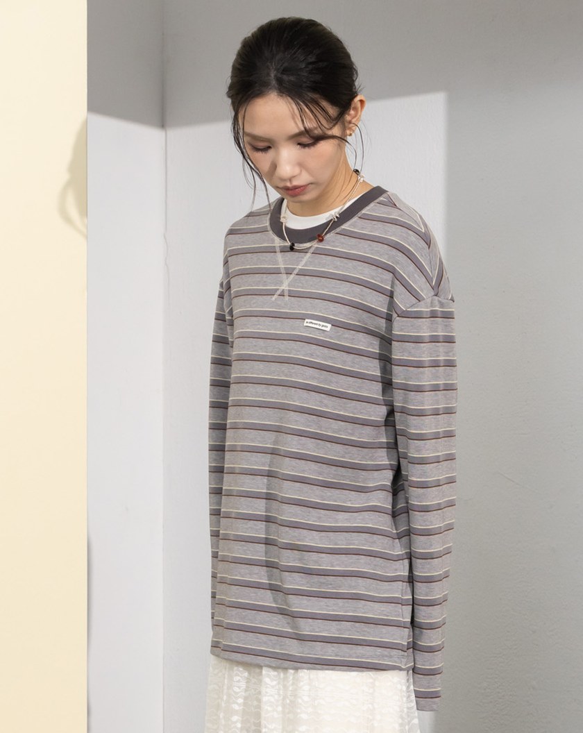 天絲條紋落肩長袖T恤(兩色)