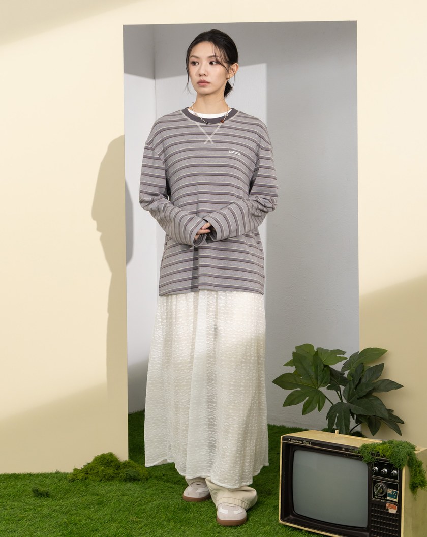 天絲條紋落肩長袖T恤(兩色)