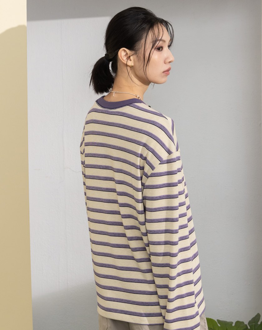 天絲條紋落肩長袖T恤(兩色)