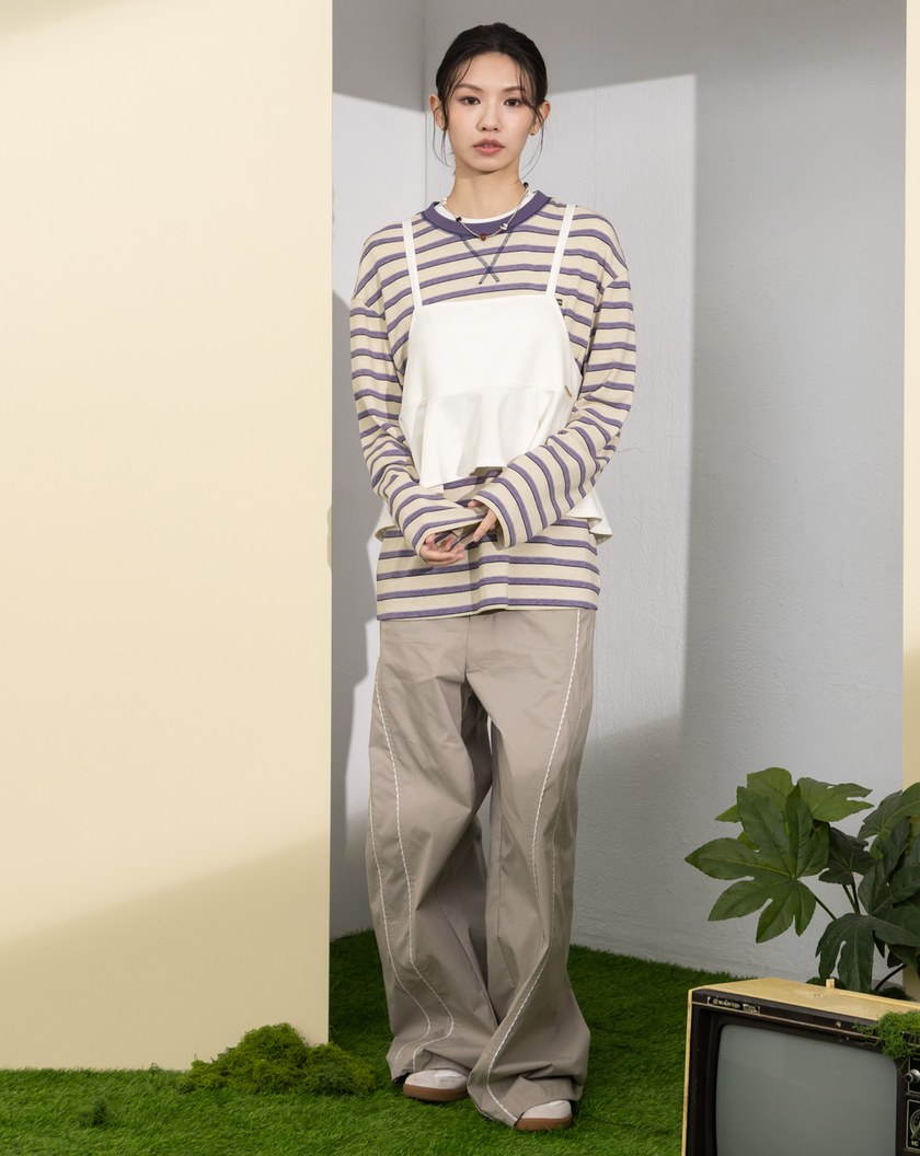 天絲條紋落肩長袖T恤(兩色)