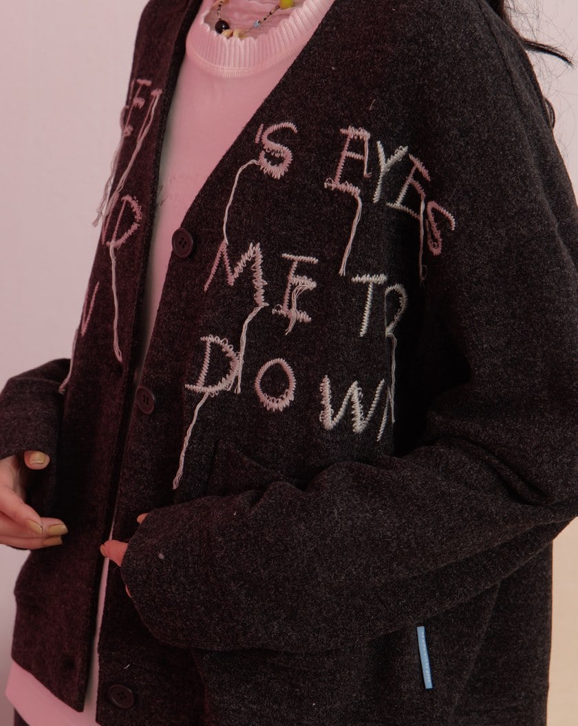 毛線繡花Q感毛毛V領開襟針織外套(兩色)