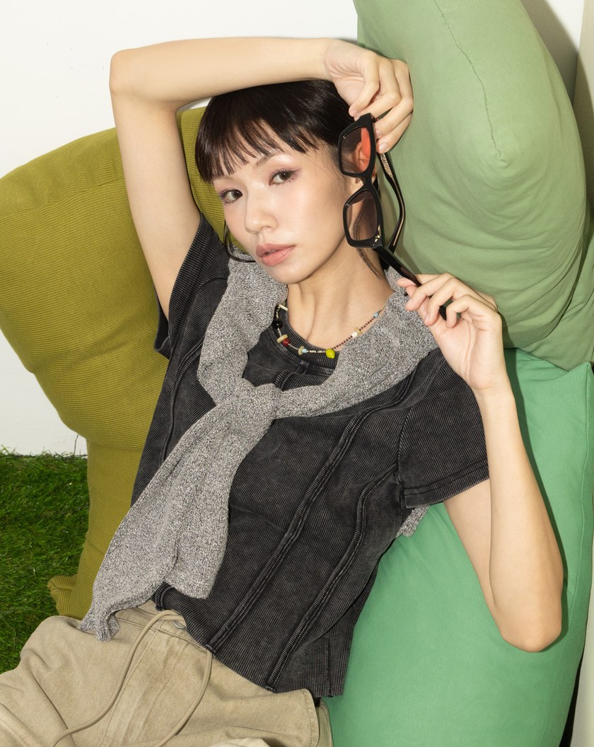 A｜雪花水洗立體車線修身T恤(兩色)