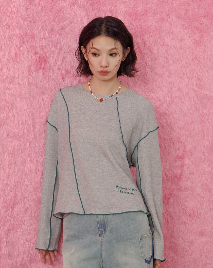 ➤密拷坑條字母繡花長袖T恤(兩色)