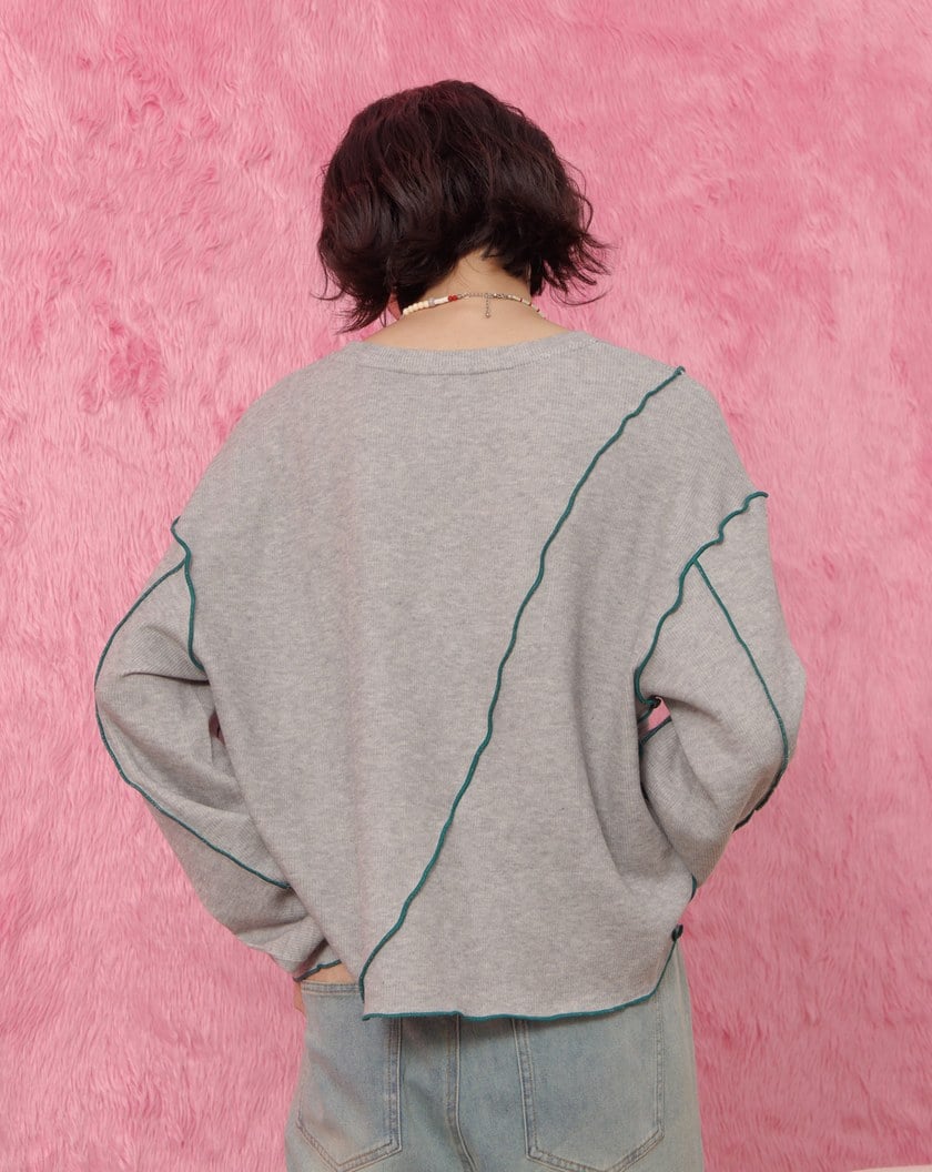 ➤密拷坑條字母繡花長袖T恤(兩色)