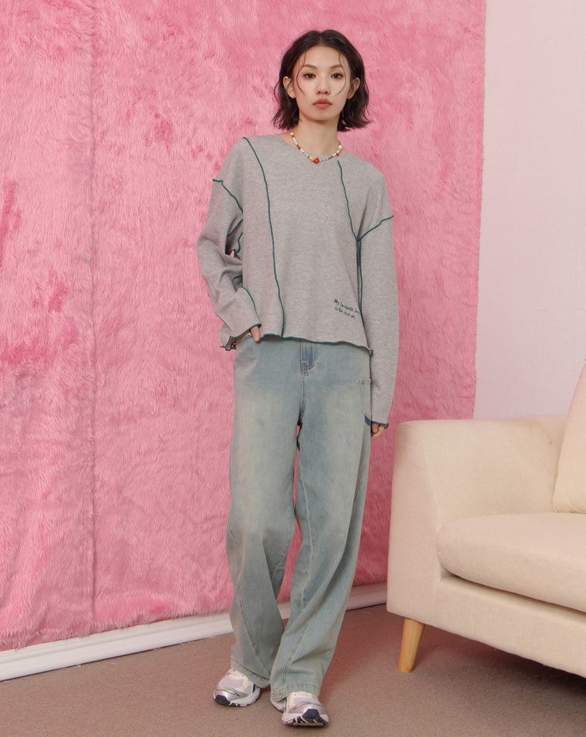 ➤密拷坑條字母繡花長袖T恤(兩色)