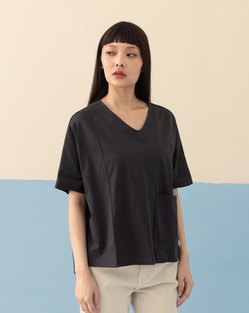 ➤口袋V領連袖涼感T恤(兩色)