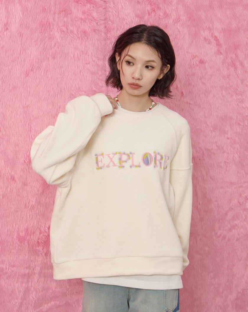 ➤EXPLORE趣味繡花絨毛大學T(四色)