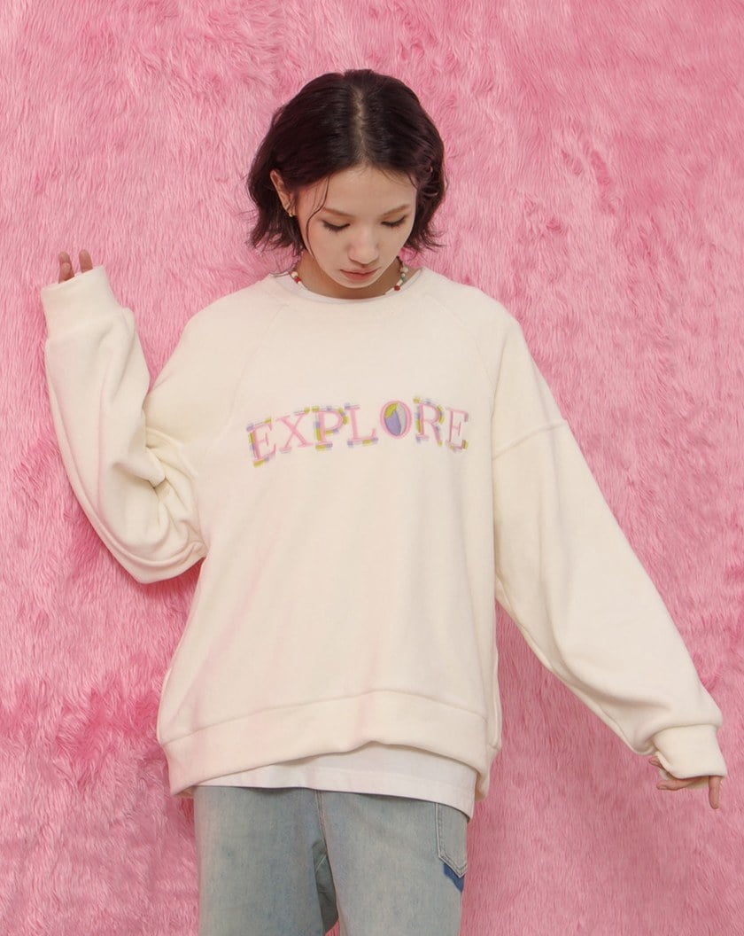 ➤EXPLORE趣味繡花絨毛大學T(四色)