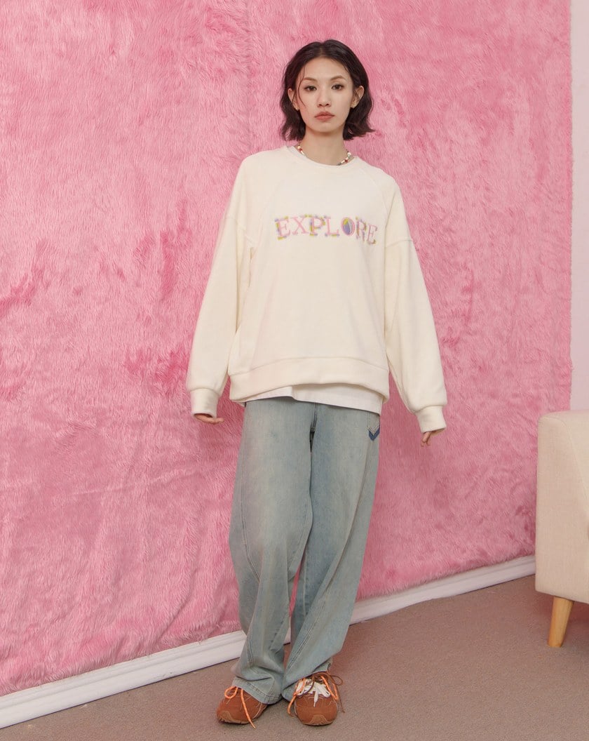 ➤EXPLORE趣味繡花絨毛大學T(四色)