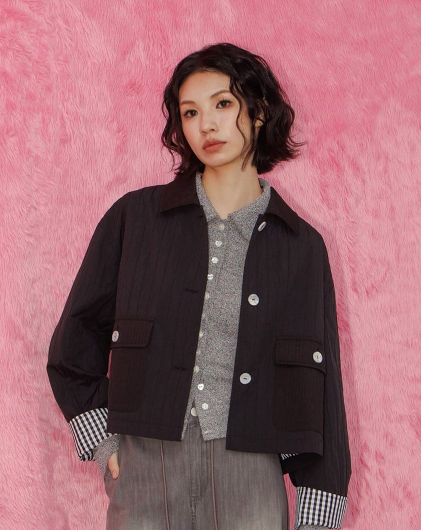 A｜啞光立體紋理格紋反褶袖外套(兩色)