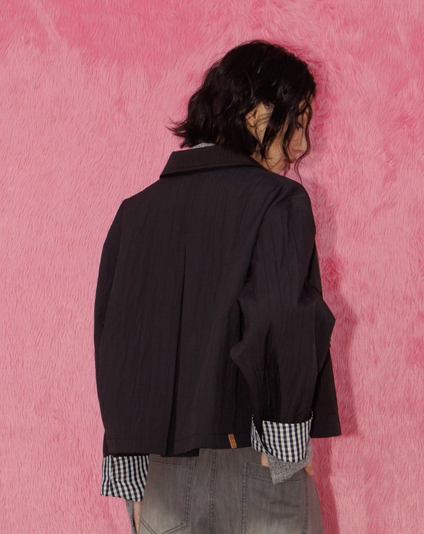 A｜啞光立體紋理格紋反褶袖外套(兩色)