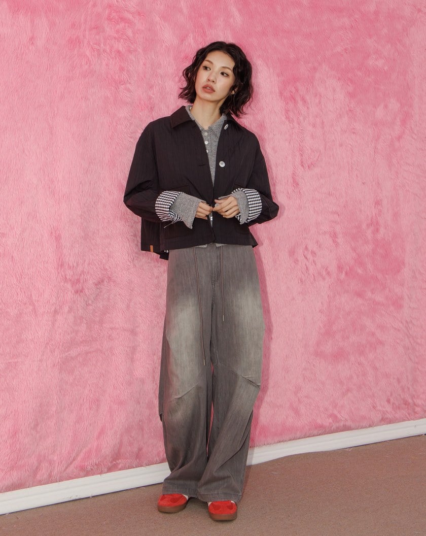 A｜啞光立體紋理格紋反褶袖外套(兩色)