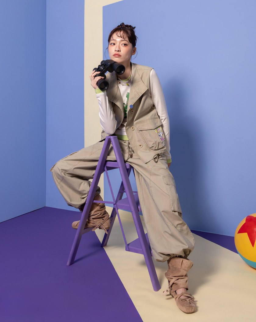 PIXAR系列 小逗布標仿舊水洗工裝可束口寬褲(卡其色)