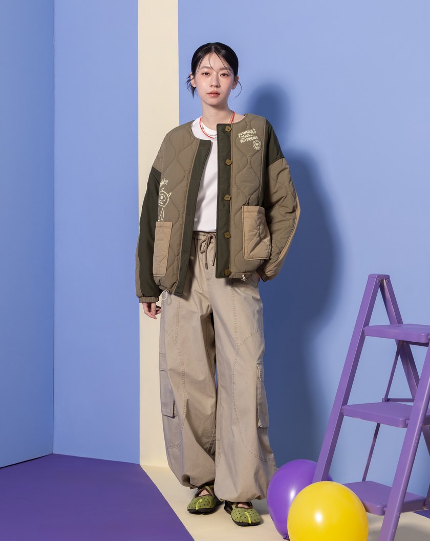 PIXAR系列 小逗布標仿舊水洗工裝可束口寬褲(卡其色)