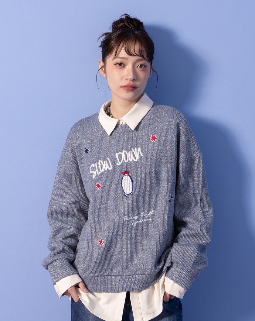 A｜企鵝SLOW DOWN刺繡寬鬆大學T(兩色)