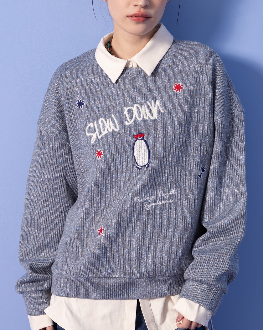 A｜企鵝SLOW DOWN刺繡寬鬆大學T(兩色)