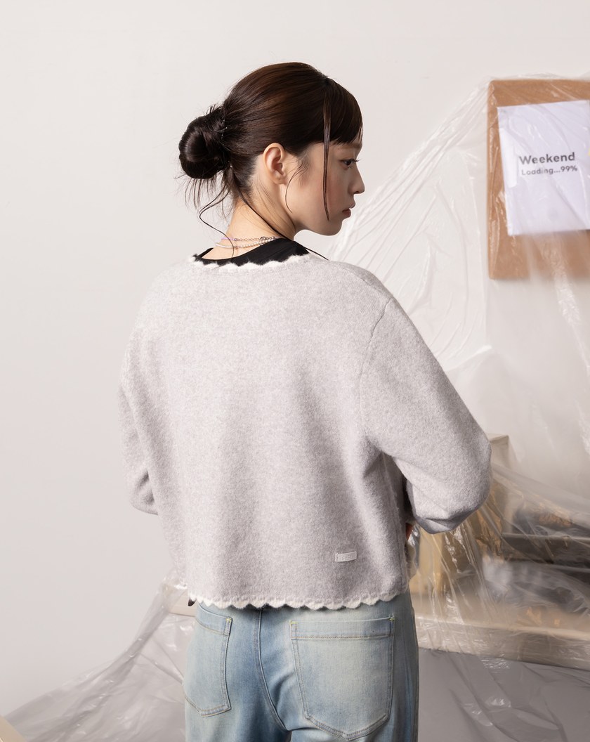 鉤針花邊絨感短版開襟毛衣外套(兩色)