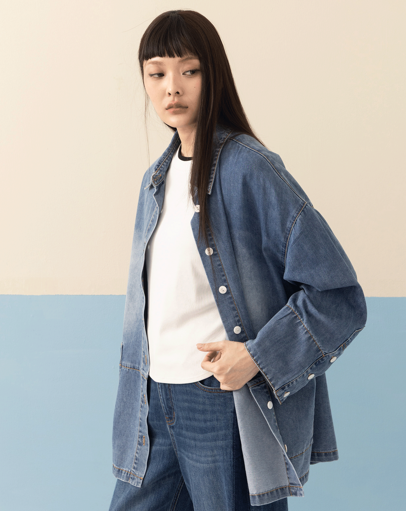 造型袖口刷色牛仔襯衫外套(兩色)