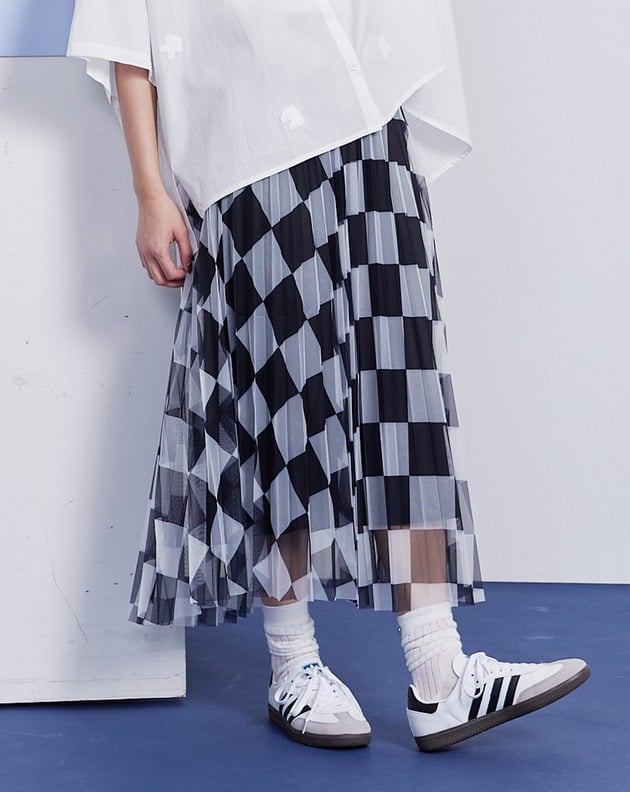 棋盤格百褶網紗裙(兩色)