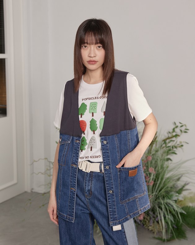 皮標牛仔拼接棉長版背心(兩色)