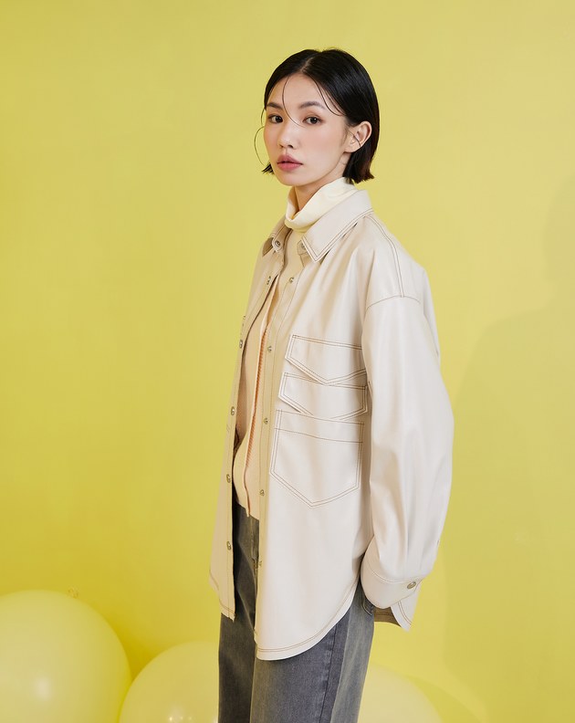 帥氣質感壓線皮革襯衫外套(兩色)