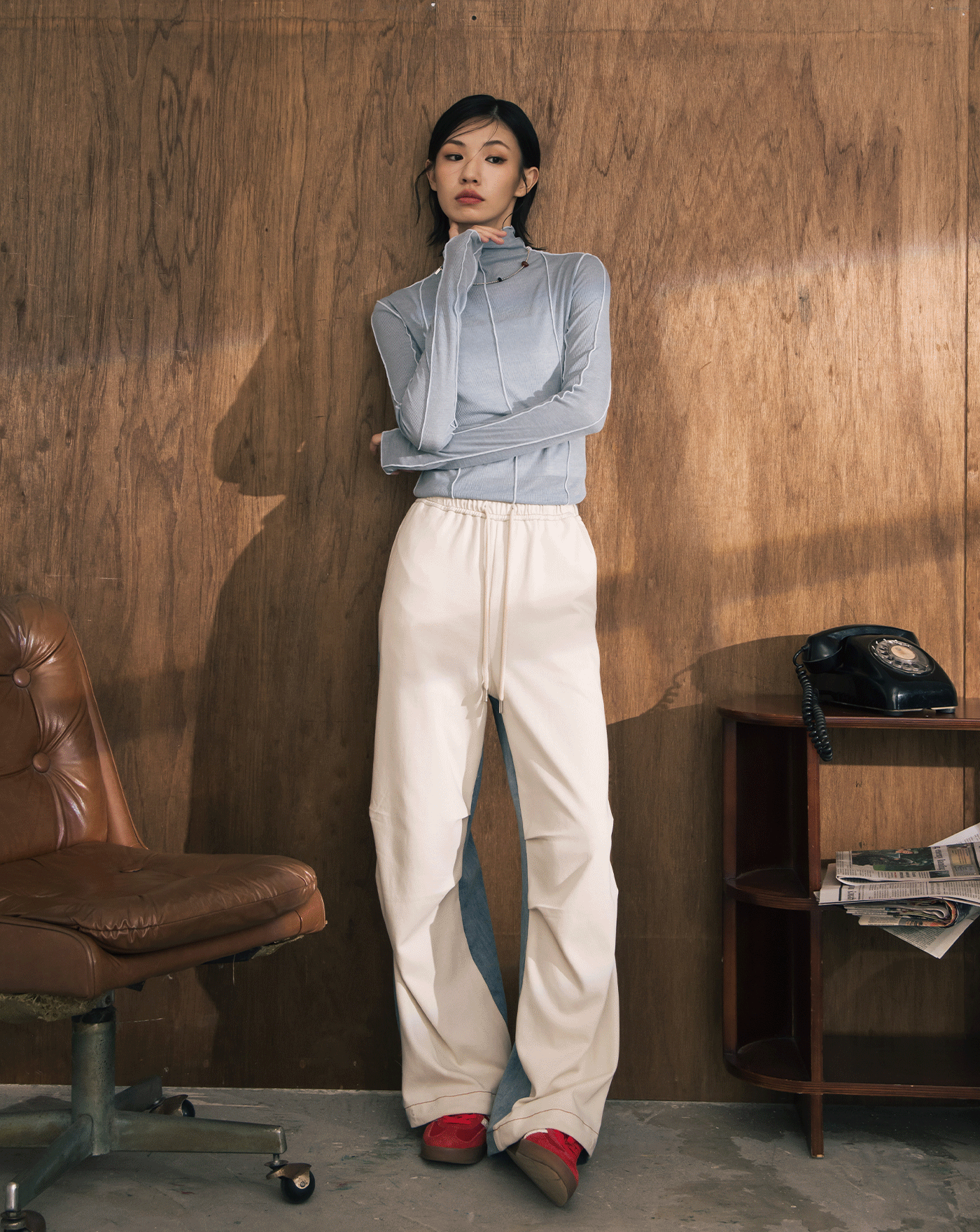 A｜雙色拼接抽繩水洗牛仔寬褲(兩色)