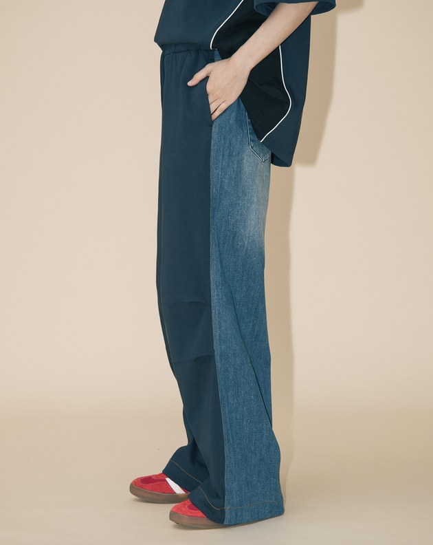 A｜異材質拼接立體打褶抽繩牛仔寬褲(兩色)