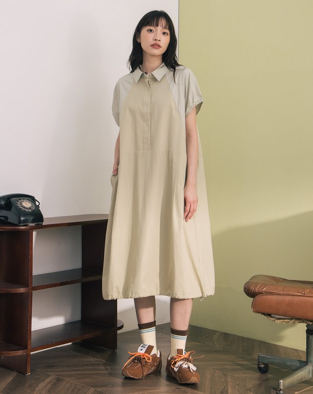 異材質拼接下擺抽繩短袖洋裝(兩色)