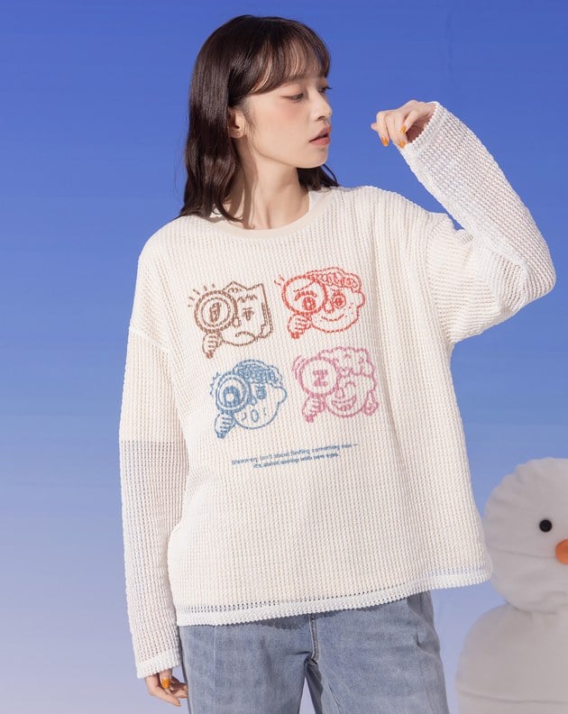 彩色人頭印花抗菌假兩件長袖T恤(兩色)