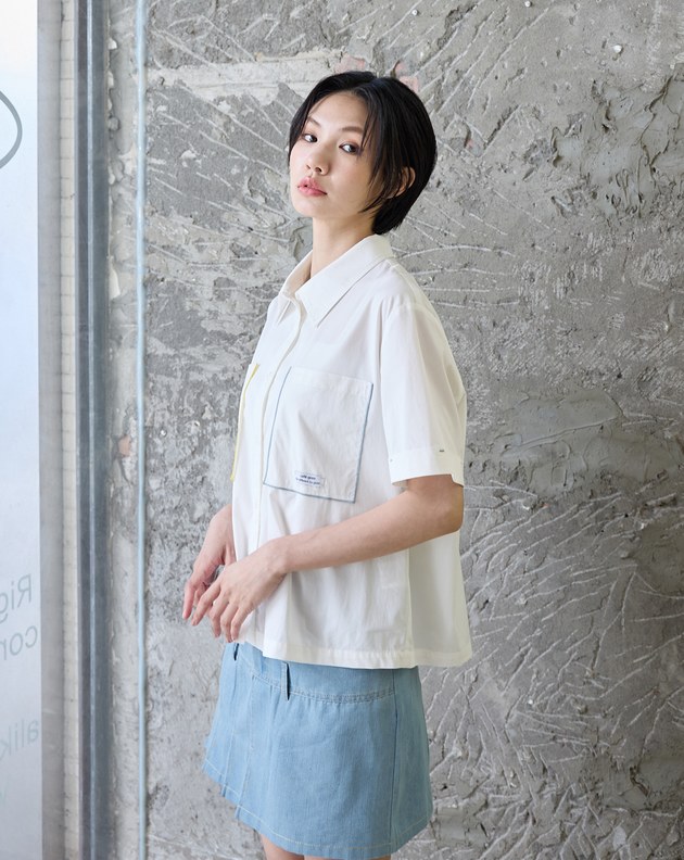 不對稱口袋配色線天絲棉短袖襯衫(兩色)