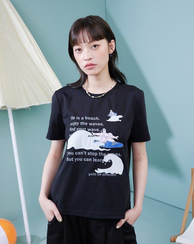 古人衝浪中貼布繡花涼感T恤(黑色)
