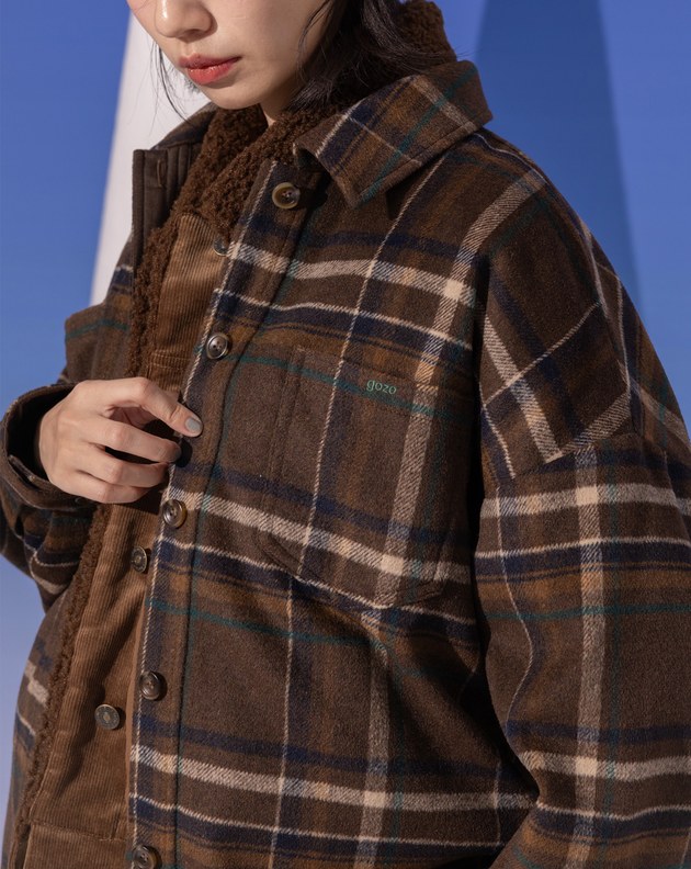 復古格紋毛呢長袖襯衫