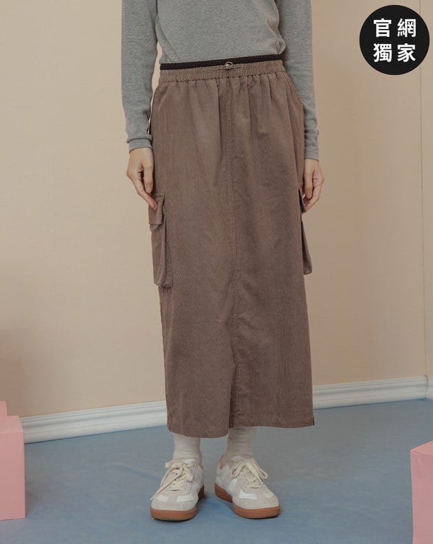 ➤腰圍可調節後開衩工裝風長裙(兩色)