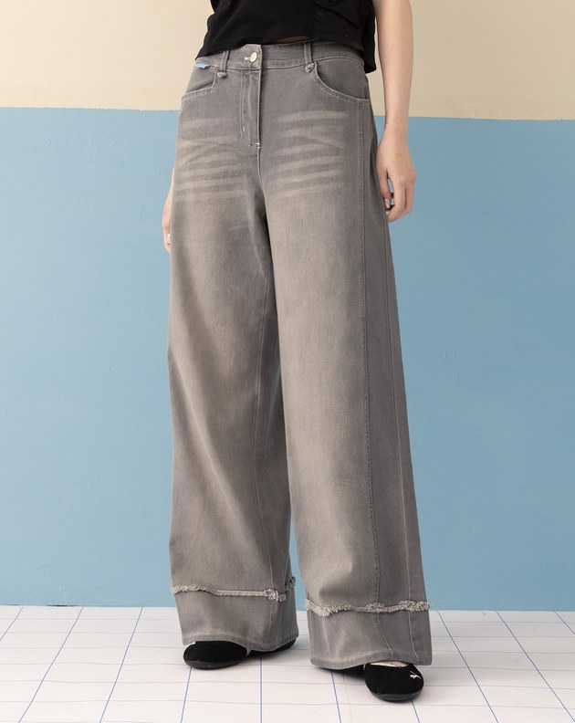 ◢shadow修容雙色拼接牛仔寬褲(兩色)