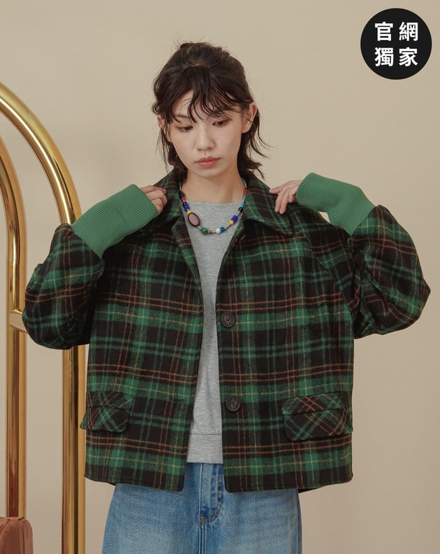 ➤羅紋袖口格紋磨毛格紋短版大衣