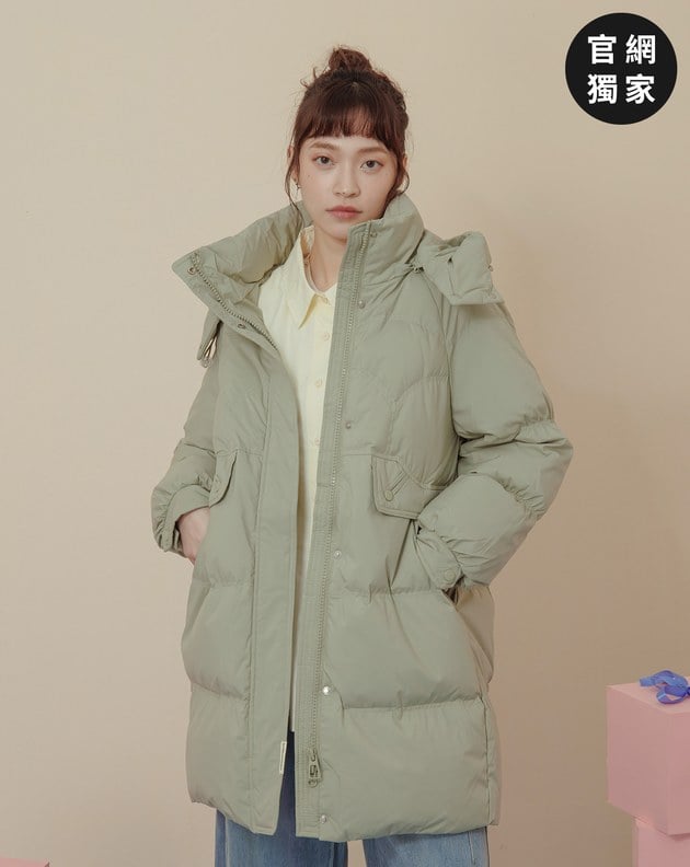 ➤造型口袋立領連帽長版羽絨外套(兩色)