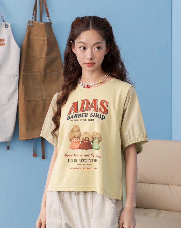Ada理髮店氣球袖假兩件涼感T恤(兩色)