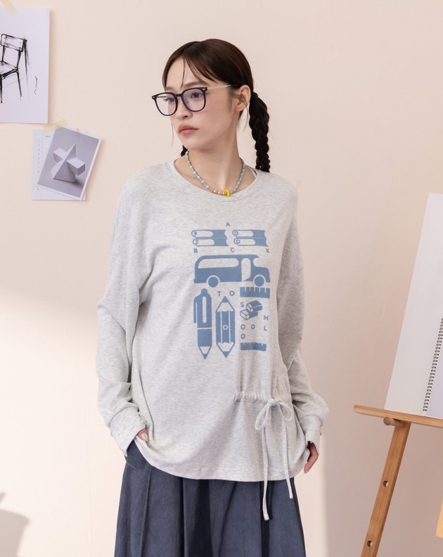 不對稱側邊抽繩印花大學T(兩色)