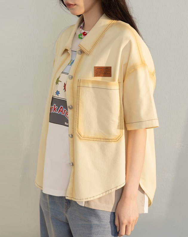 暈影水洗牛仔短袖襯衫(兩色)