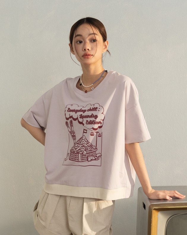 洗衣籃滑雪場下擺拼色天絲T恤(兩色)