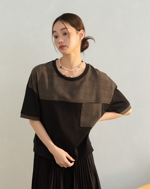 異材質拼接口袋造型涼感T恤(兩色)