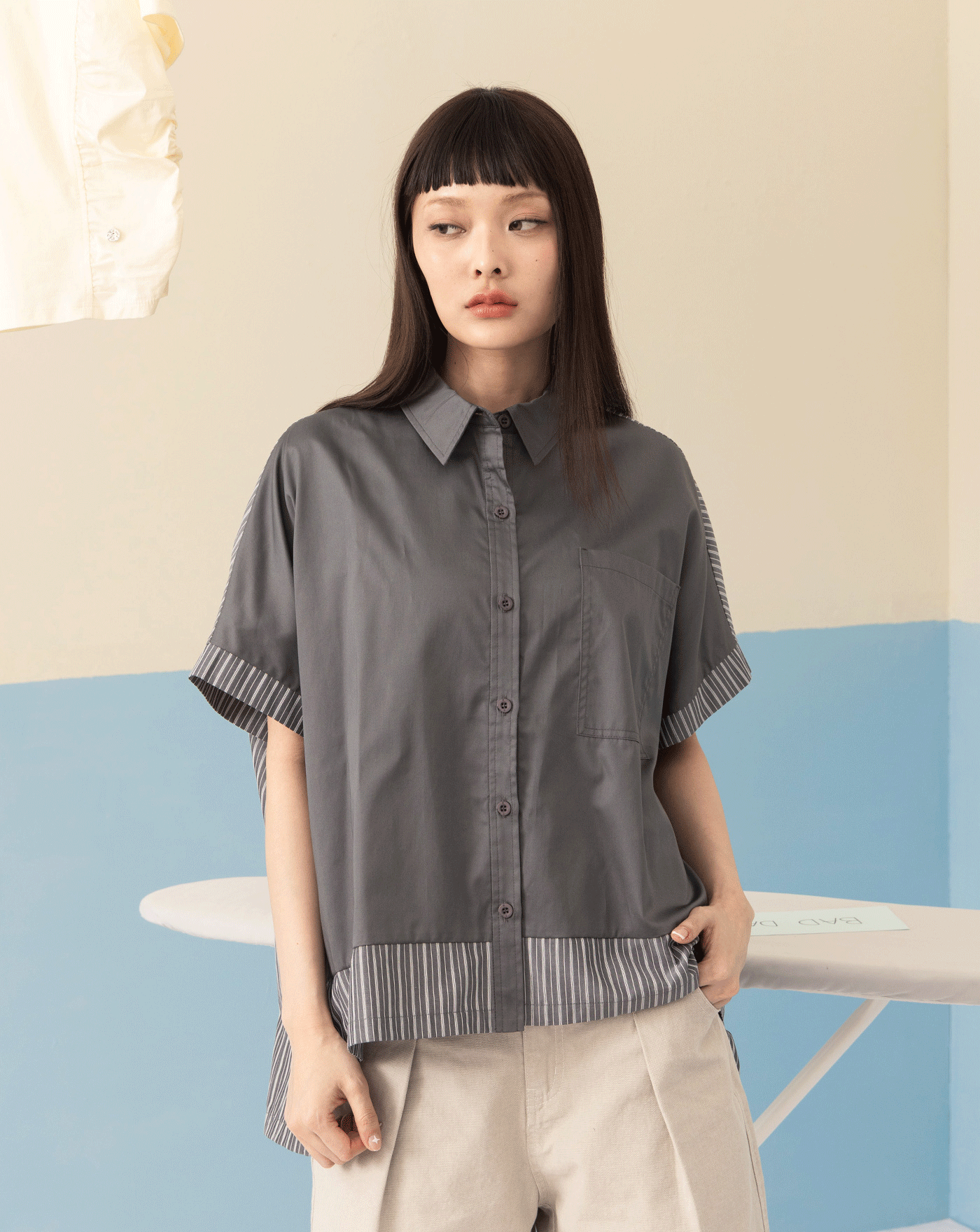 抗皺條紋拼接短袖襯衫(兩色)