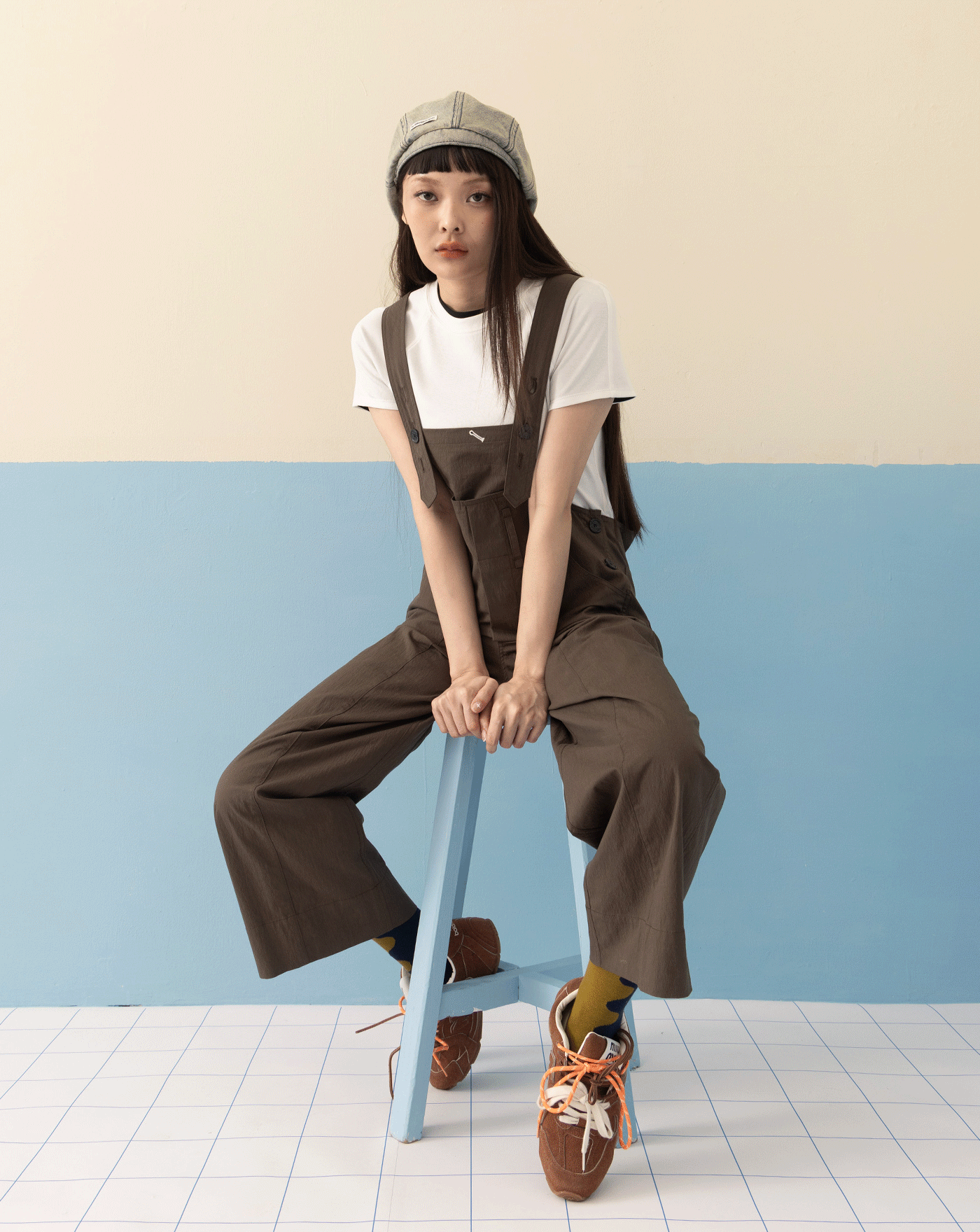 大腰耳造型工裝吊帶褲(兩色)