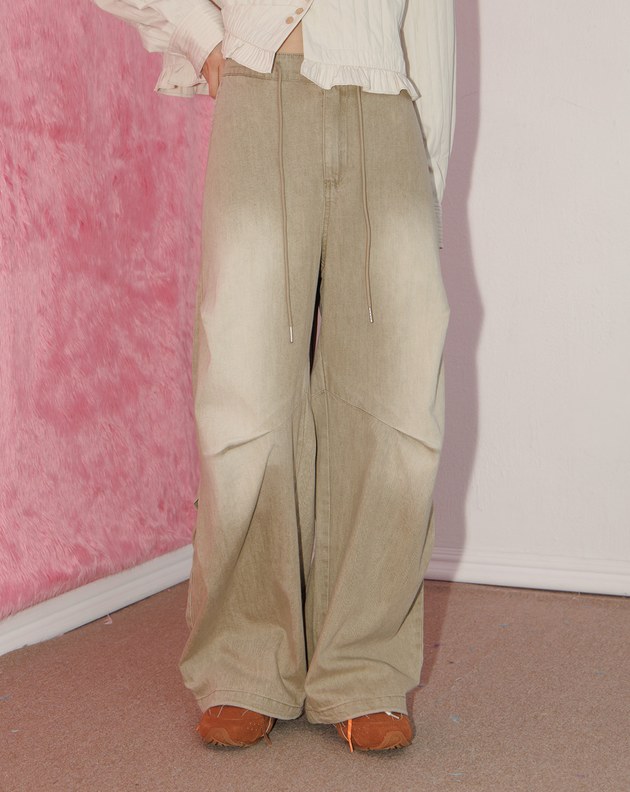 A｜立體打褶低腰水洗牛仔寬褲(兩色)