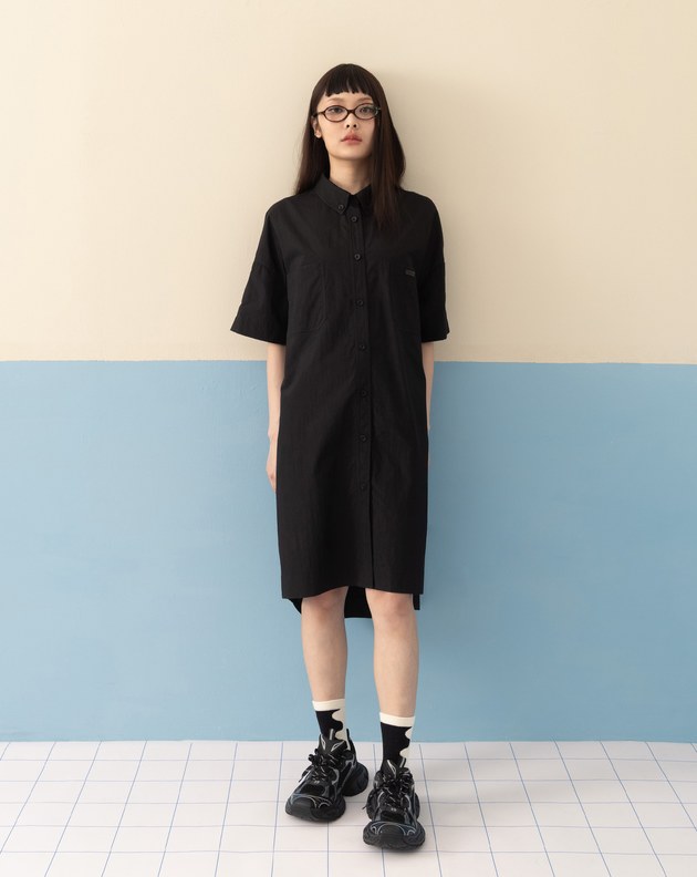 抗皺拼接開衩袖開襟洋裝